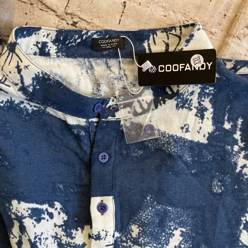 🔥 NWT COOFANDY man’s navy/white long sleeve Henley, neck, cotton shirt size XXL - Picture 9 of 11